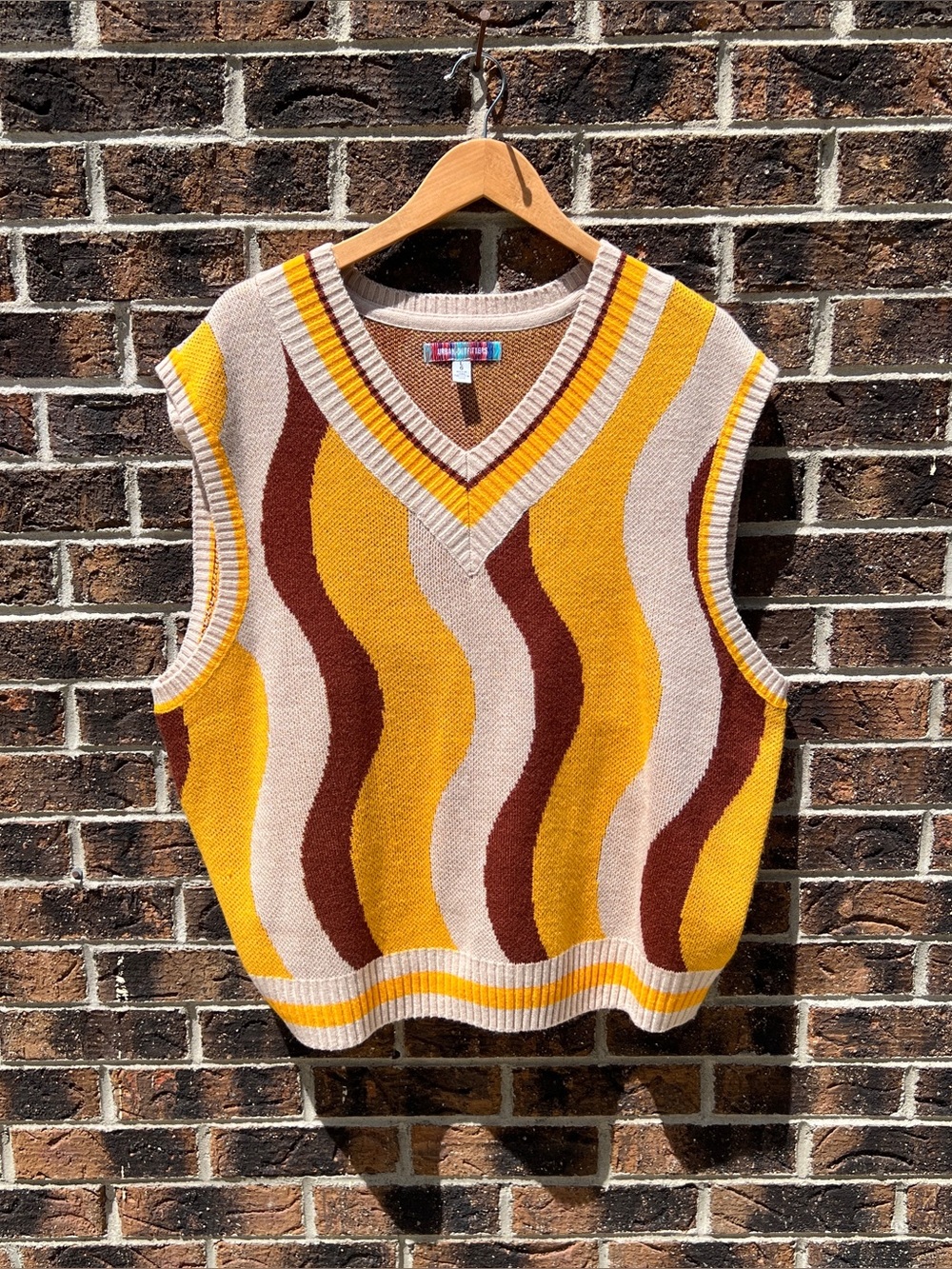 Retro Wave Knit Sweater Vest in Mustard, Cream & Brown - Urban Outfitters